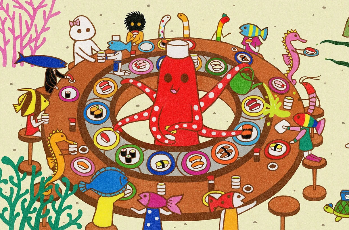 Naoshi The Sushi Chef Tako Postcard
These postcards are featuring striking colorful and whimsical world. Artwork made with colored sand and then scans them in high quality.