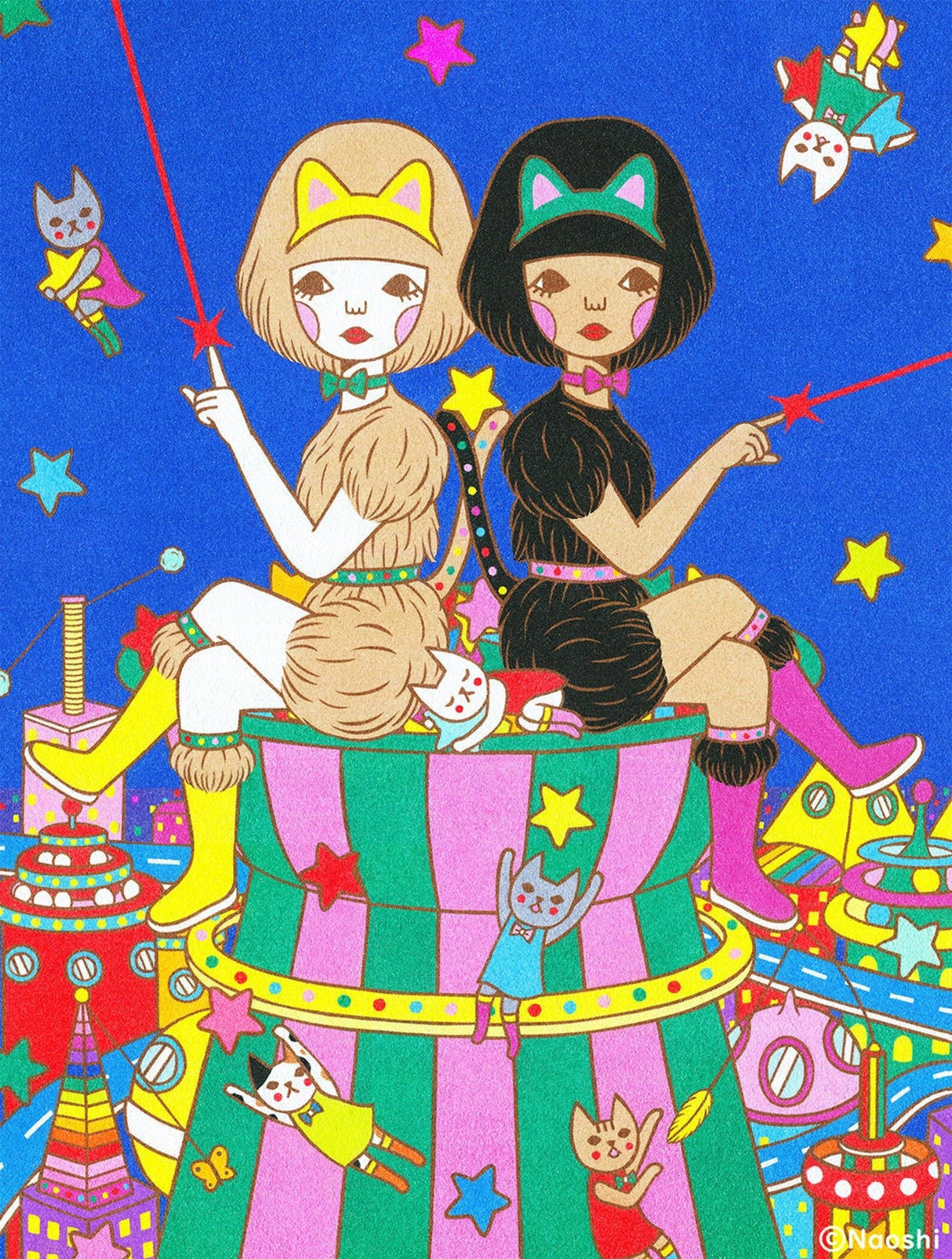 Naoshi Twin Cats Postcard
These postcards are featuring striking colorful and whimsical world. Artwork made with colored sand and then scans them in high quality.