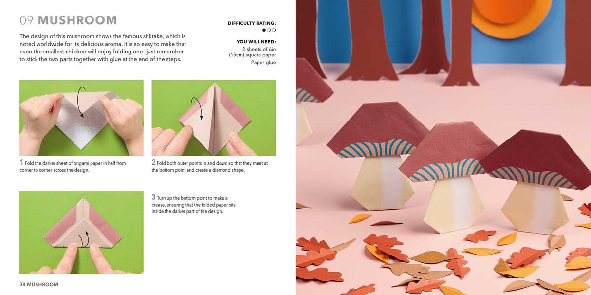 Fold 15 FUN animal origami models with this EXCITING ALL-IN-ONE block from BESTSELLING author Mari Ono, featuring a 64-page project book and 250 sheets of origami paper.
Bestselling origami expert Mari Ono has put together an awesome collection of cute critters and interesting greenery that you might see right outside your window.
Kids and adults alike will love to make cheerful squirrels, quirky mushrooms, bouncy frogs, sneaky foxes, and bright butterflies.
All 15 projects come with simple step-by-ste