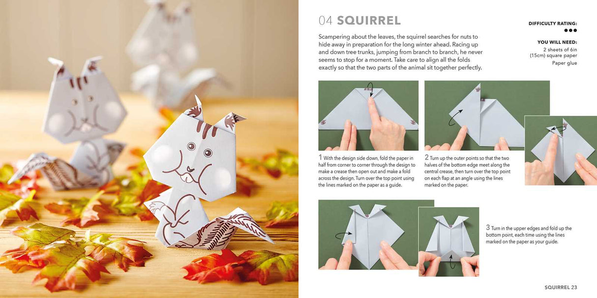 Fold 15 FUN animal origami models with this EXCITING ALL-IN-ONE block from BESTSELLING author Mari Ono, featuring a 64-page project book and 250 sheets of origami paper.
Bestselling origami expert Mari Ono has put together an awesome collection of cute critters and interesting greenery that you might see right outside your window.
Kids and adults alike will love to make cheerful squirrels, quirky mushrooms, bouncy frogs, sneaky foxes, and bright butterflies.
All 15 projects come with simple step-by-ste