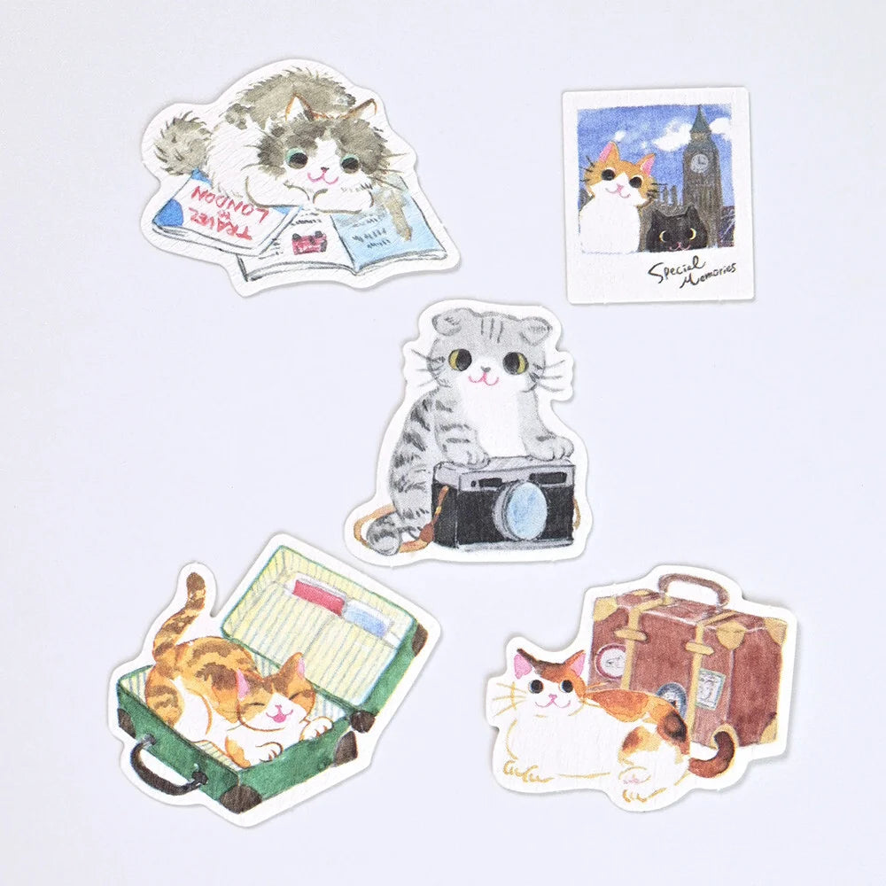 Nekorobi Travel Flake Stickers
So many cats!! These flake stickers can be used for sealing letters, decorating planners, or accessorizing your travel journal. With the theme of traveling with cats, I depicted her looking at guidebooks, helping with packing, and taking photos.
Nekorobi 5th Anniversary
Height 140×Width 63mm
5 Patterns - 20 Sheets
Crepe Paper Stickers