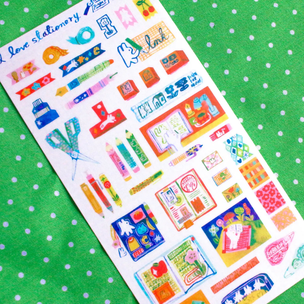 85x160mm stationery themed sticker sheet printed on a thin washi paper like material. This sticker sheet was created at this size so it would fit nicely into the sleeves of my A6 binder!
85x160mm
Not waterproof.
Do not place in areas of high wear (laptops, phone cases, water bottles, etc).
Stickers come packaged in a plastic sleeve.