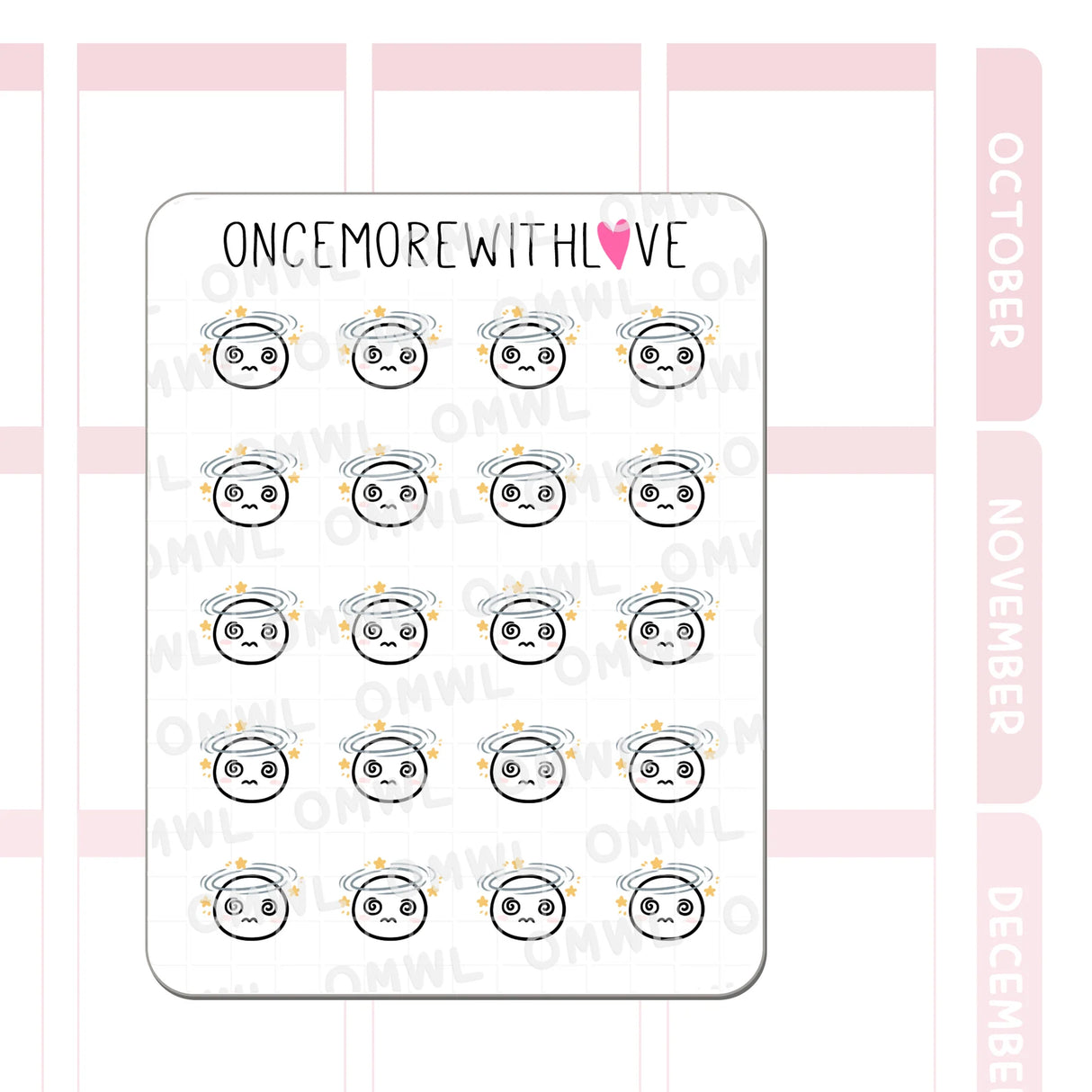 Once More With Love - M1518 Feeling Dizzy Sticker Sheet
Feeling faint or dizzy? These munchkins do too! I often feel dizzy when I stand up so this is a nice way to track when I get those dizzy episodes.