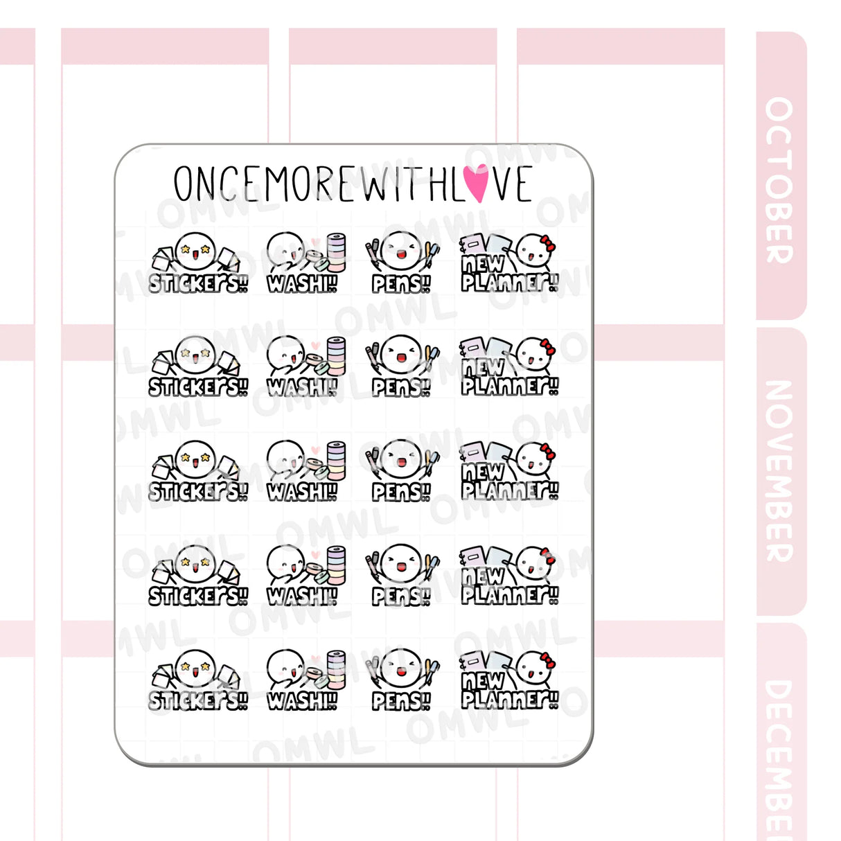 Once More With Love - M1539 All The Stationery! Sticker Sheet
Us stationery fiends just need alllll the stickers! All the washi! All the pens! And allll the new planners! Hehe. These munchkins are perfect for marking all those purchases!