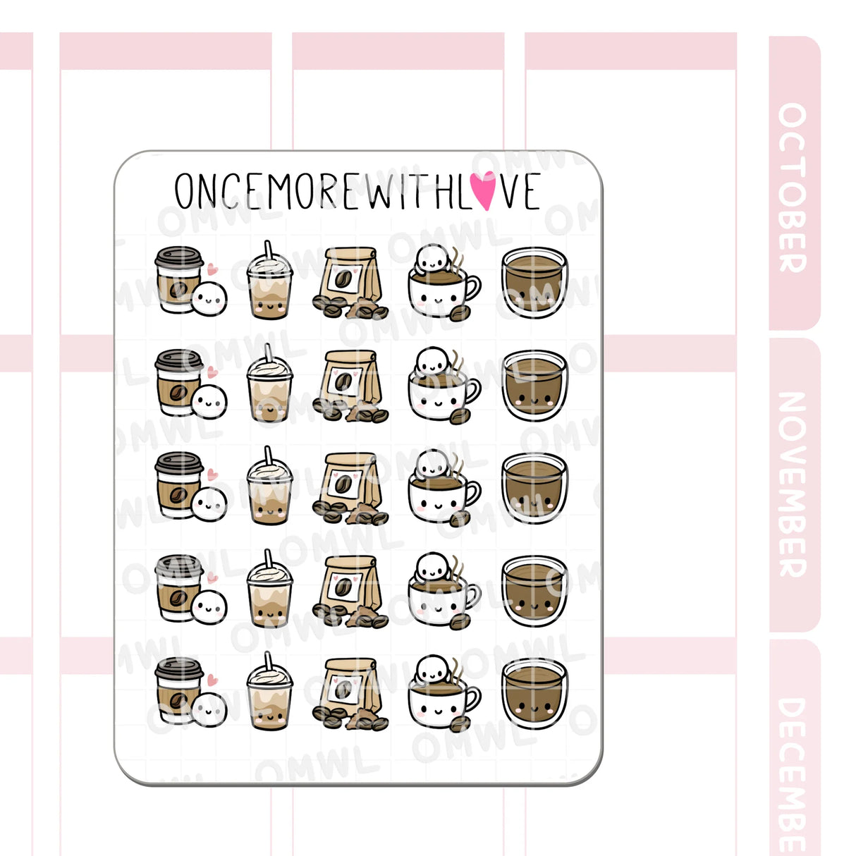 Once More With Love - M1548 Coffee Time 3.0 Sticker Sheet
Where are my coffee drinkers? Hot coffee, iced coffee, coffee beans, coffee with milk... take-out coffee. These munchkins have got you covered!