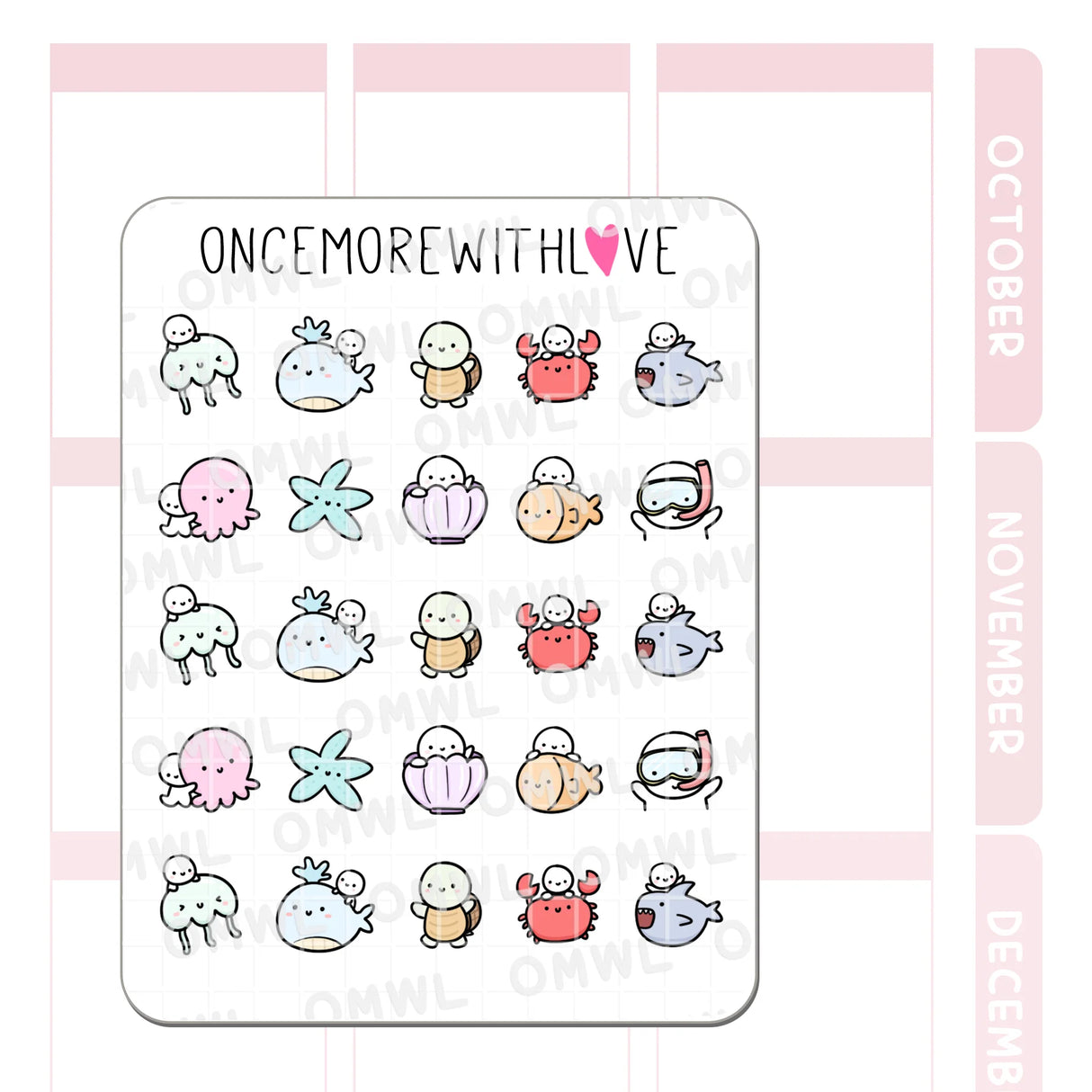 Once More With Love - M1263 Sea Creatures Sticker Sheet
Sea critter doodles to match the brand new Under the Sea themed kit!
SPECS:
Size - Each sheet is approximately 4.5x3.5 (regular size) inches.
Type - Designed for all planners, organizers, calendars, bullet journals, and traveler's notebooks
Material - Non-removable matte white adhesive paper
Design - All designs are original and created by Margaret Ying of OnceMoreWithLove. 