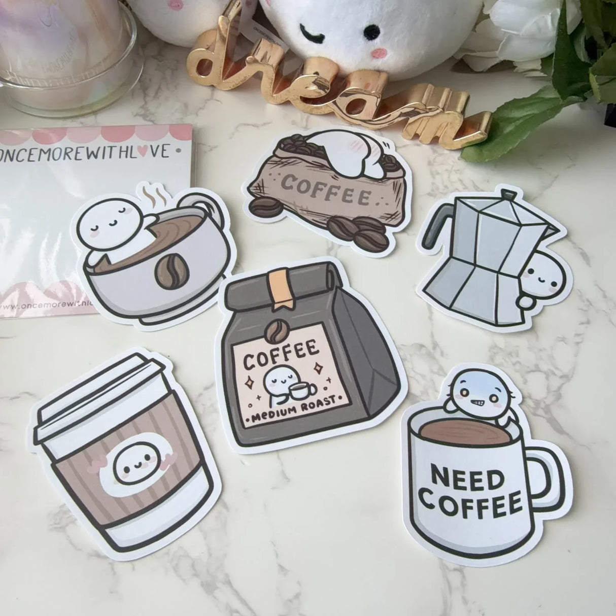Celebrate your love for cozy mornings, café vibes, and caffeine‑powered creativity with the Coffee Lover Sticker Pack from Once More With Love. This adorable vinyl sticker set features charming coffee‑themed designs that bring warmth and personality to planners, journals, scrapbooks, and everyday crafts.
Includes 6 Stickers