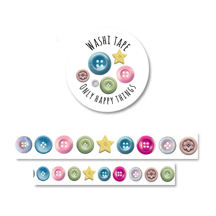 Add a pop of playful charm to your projects with this button‑themed washi tape. Perfect for journaling, scrapbooking, packaging, and all your creative crafts.
Size: 1.5cm wide and 10 meters long
Each roll of washi is wrapped in plastic with a sticker on top