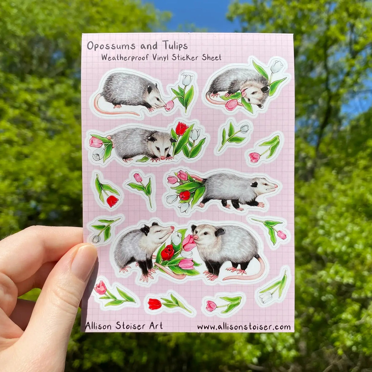 This A6-sized sticker sheet features my illustration of an opossum picking out tulips and presenting them to their partner.
The stickers are printed on weatherproof matte vinyl, so not only can they can be used for planners, but they’re also suitable for water bottles, bicycles, vehicles, and other outdoor applications.