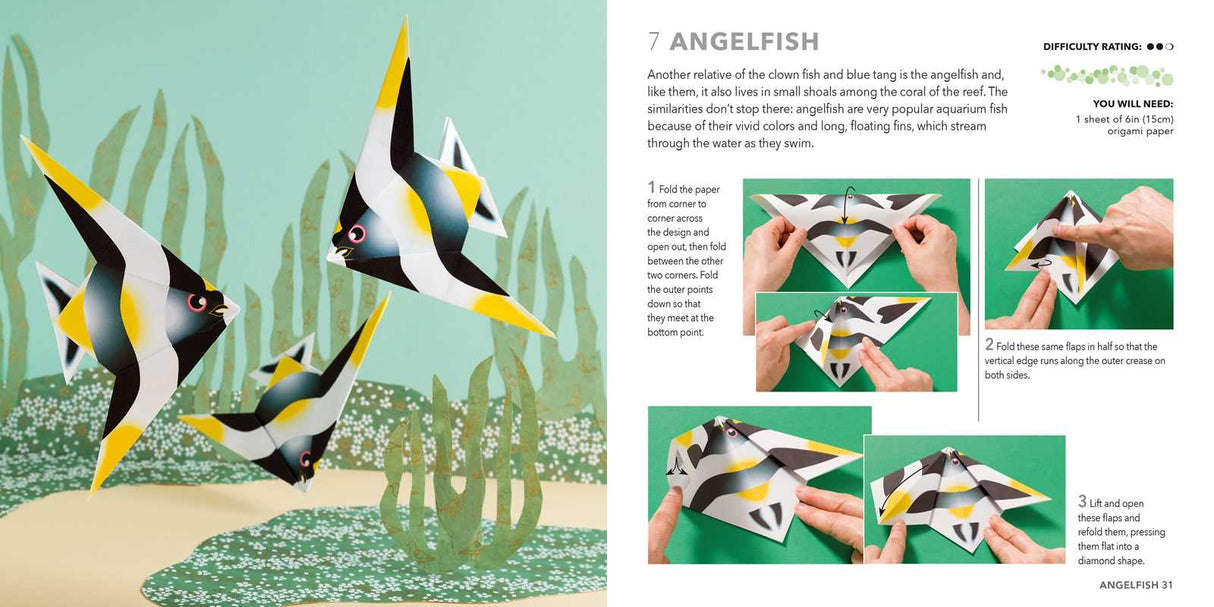 Take a trip into the deep blue with this 64-page project book and 250 sheets of origami paper.
Bestselling origami expert Mari Ono has put together an awesome collection of ocean dwellers and sea creatures that kids and adults alike will love to make.
Dive right in with a toothy shark, a wiggly jellyfish, playful sea otters, a shy little seahorse, and hilarious crabs.
All 15 projects come with simple step-by-step instructions, difficulty ratings, and clear photographs with arrows showing you where to fol