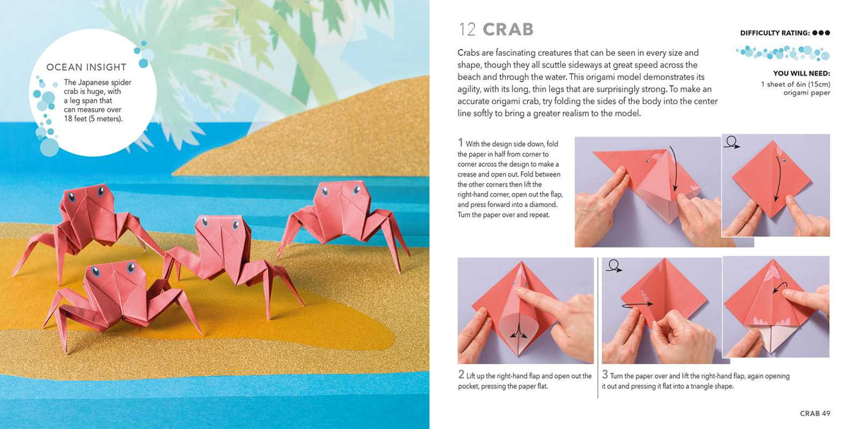 Take a trip into the deep blue with this 64-page project book and 250 sheets of origami paper.
Bestselling origami expert Mari Ono has put together an awesome collection of ocean dwellers and sea creatures that kids and adults alike will love to make.
Dive right in with a toothy shark, a wiggly jellyfish, playful sea otters, a shy little seahorse, and hilarious crabs.
All 15 projects come with simple step-by-step instructions, difficulty ratings, and clear photographs with arrows showing you where to fol