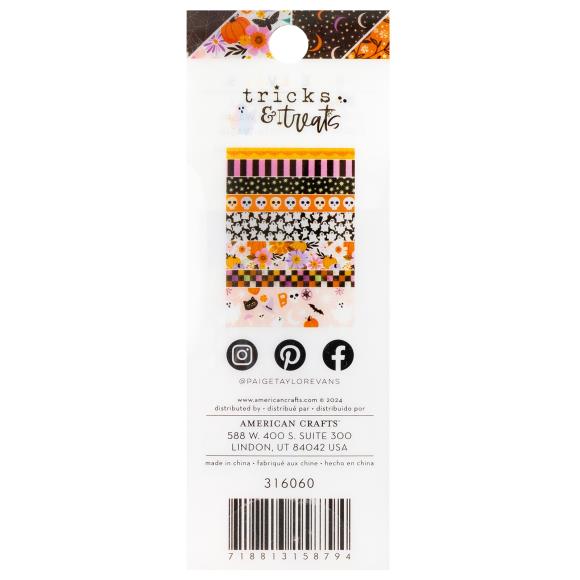 Add a touch of spooktacular charm to your creative projects with the Washi Tape from the Tricks And Treats Collection by Paige Evans for American Crafts.
This package includes eight rolls of tape featuring a variety of designs, such as pink and black stripes, skulls, ghosts, and more.
The rolls range in width from 0.375" to 0.875" and each measures six yards in length, giving you a total of 48 yards of tape to play with.
Whether you're decorating cards, scrapbook pages, envelopes, tags, journals, planner