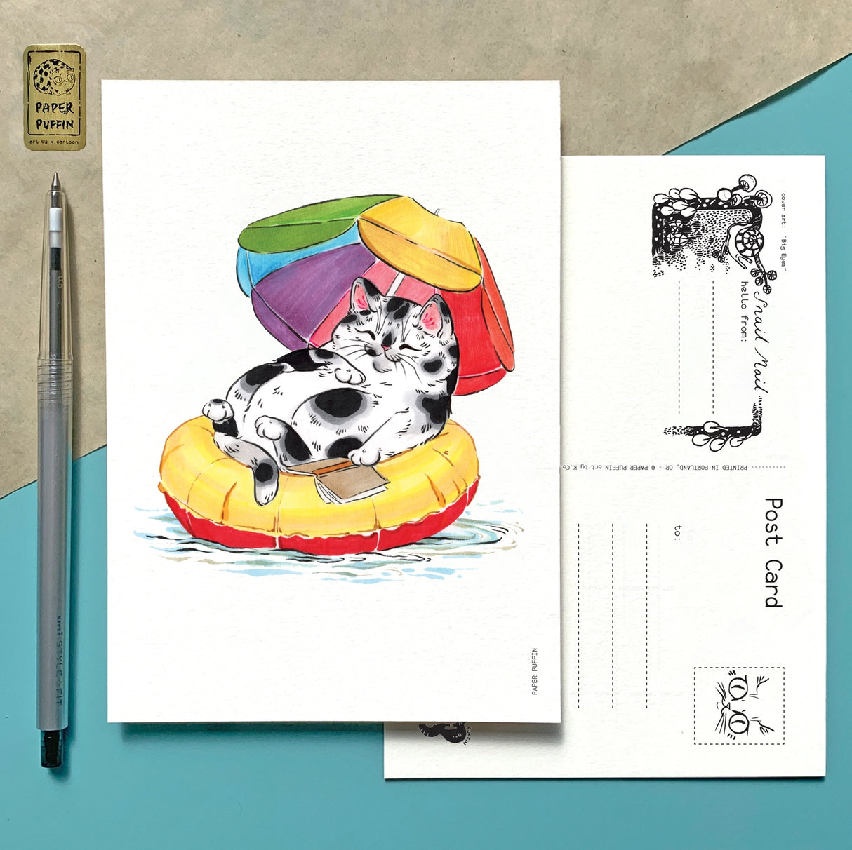 + size: 4.25 x 6” standard size, regular postage stamp
+ printed on a ‘toothy’ rag off white color card stock paper
+ FSC 100% recycled environmentally friendly paper
+ created and printed in Portland, OR
All work and photos ©PAPER PUFFIN Art by K.CARLSON