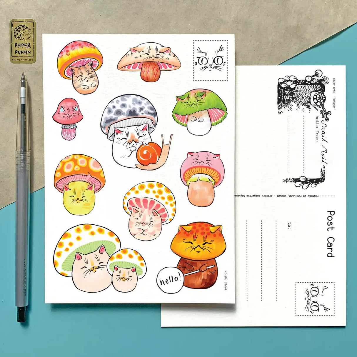 A vibrant collection of mushroom cats.
+ size: 4.25 x 6” standard size, regular postage stamp
+ printed on a ‘toothy’ rag off white color card stock paper
+ FSC 100% recycled environmentally friendly paper
+ created and printed in Portland, OR
All work and photos ©PAPER PUFFIN Art by K.CARLSON