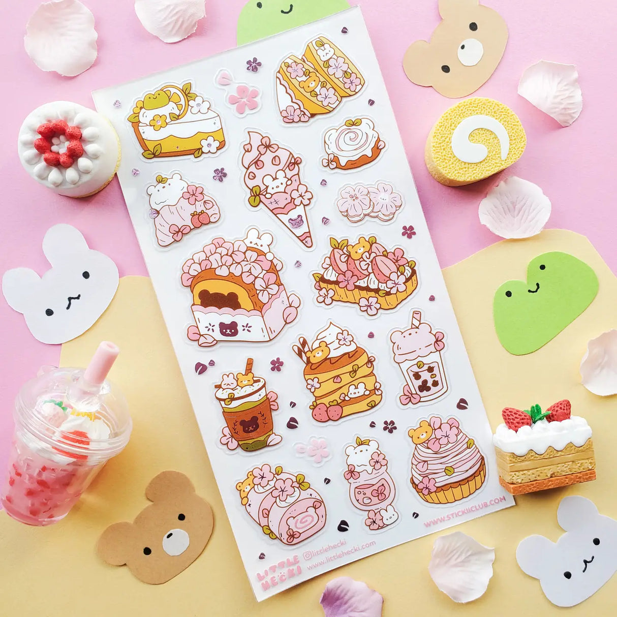 🌸🍰 Welcome springtime sweetness! This adorable sheet by @littlehecki is bursting with sakura magic and yummy café treats. From fluffy shortcakes and swirly cream rolls to dreamy parfaits, sakura cupcakes, and pastel milk teas, every dessert feels kissed by cherry blossoms. It’s like a cherry blossom picnic in sticker form — petals drifting through the air, sunshine on your cheeks, and sweet seasonal treats all around.
Art by: @littlehecki
Top Coating: None
Adhesive Layer: PVC (plastic)
Backing Layer: Cl
