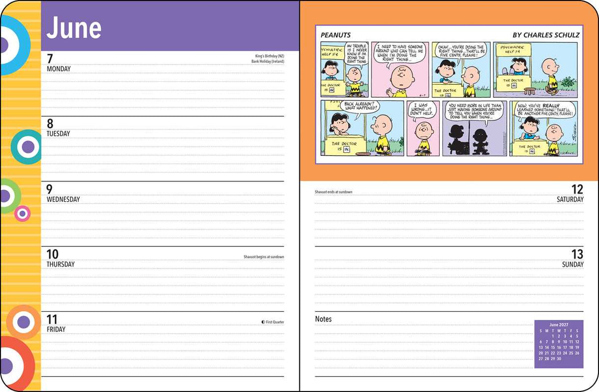 Staying organized will be a breeze this year with this bright and colorful monthly/weekly planner that features full-color Sunday comic strips of everyone's favorite gang—the PEANUTS® gang.
The PEANUTS® 2027 Monthly/Weekly Planner blends functionality with fun, featuring vibrant comic strips from Charles M. Schulz that celebrate the wit, whimsy, and heart of the PEANUTS® gang. It offers plenty of space to jot down appointments, meetings, activities, or notes, and fits easily on a counter or desk, either