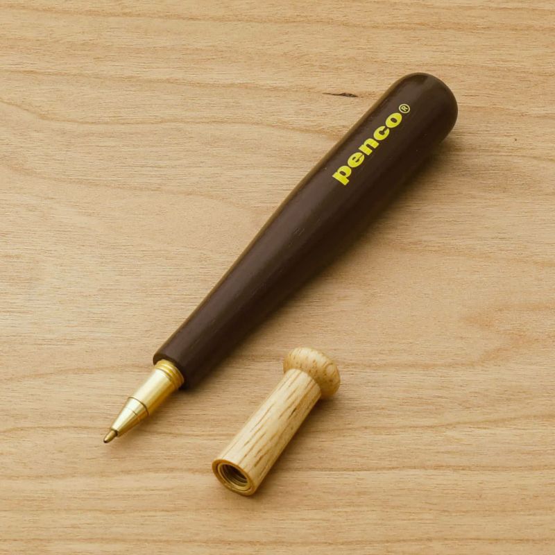 A wooden baseball bat pen by Penco. The bat handle acts as the cap, and the pen tip is made of brass.
Comes in black oil-based ink with 0.8mm tip. 