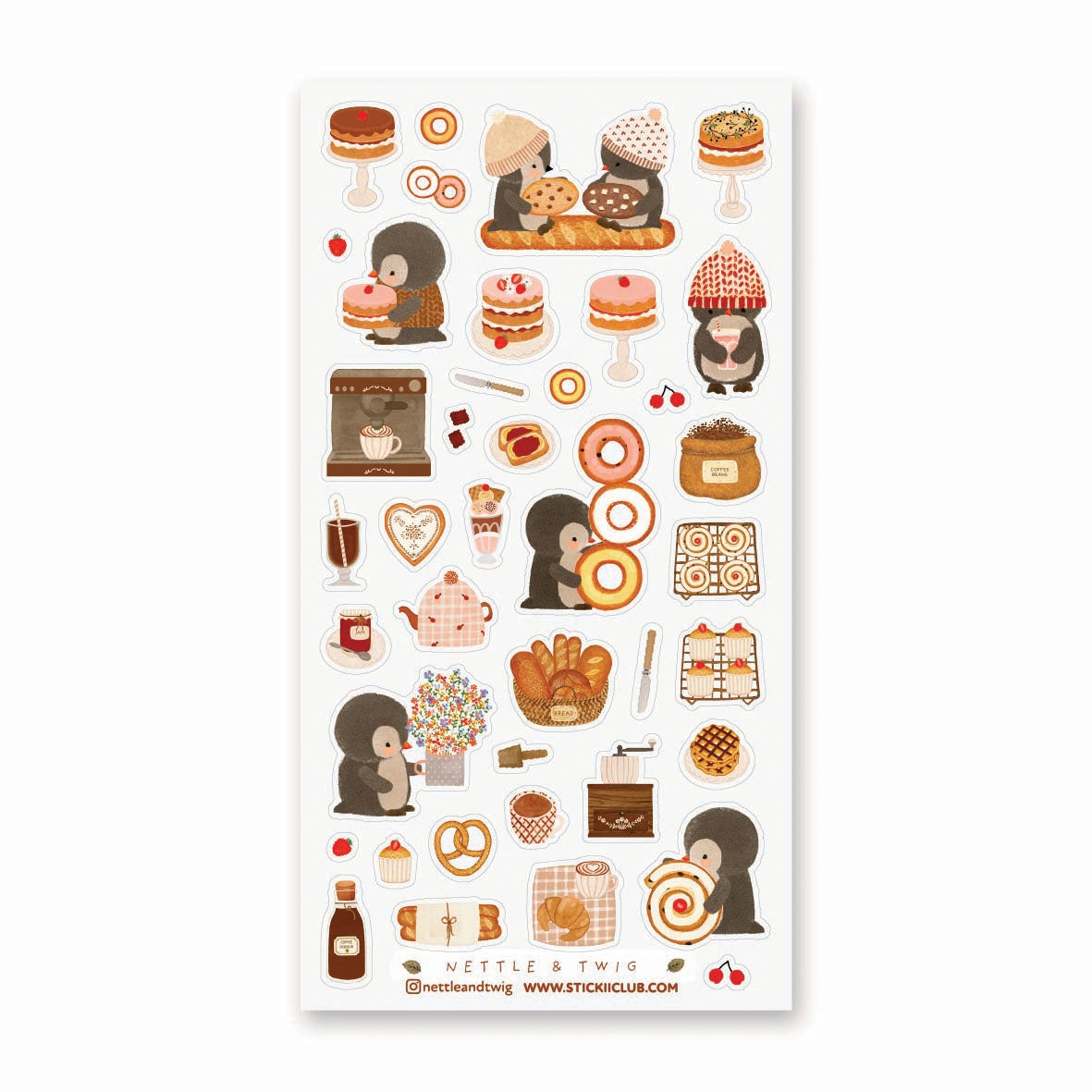 🍪🐧 At @nettleandtwig’s penguin cafe, a group of bundled-up penguins have gathered for the sweetest day out. They’re sharing warm baguettes, balancing towering bagels, and eyeing strawberry cakes. From flaky pastries and heart-shaped cookies to swirly rolls nearly bigger than they are, this charming sheet is pure bakery bliss. Grab a warm cocoa, pull up a tiny café chair, and let these penguin pals warm your heart.
Art by: @nettleandtwig
Top Coating: None
Adhesive Layer: PVC (plastic)
Backing Layer: Clea