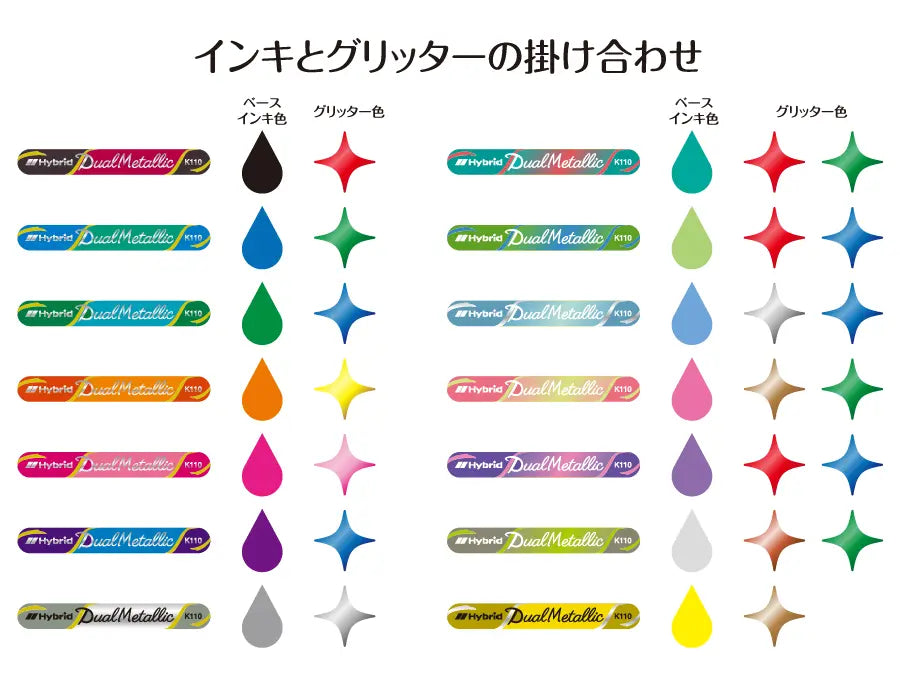 The Dual Metallic is a playful ballpoint pen with two sparkles in one line.
Because the ink and glitter colors are different, they produce colors that can be seen depending on the angle of light and the color of the background.
White paper has a delicate shimmer, and black paper has a deep, fantastic brilliance. With just one pen, you can create a variety of expressions that attract the viewer's heart.
It is finished in a set case made of paper material with a glittering hologram finish. Inside the case, t