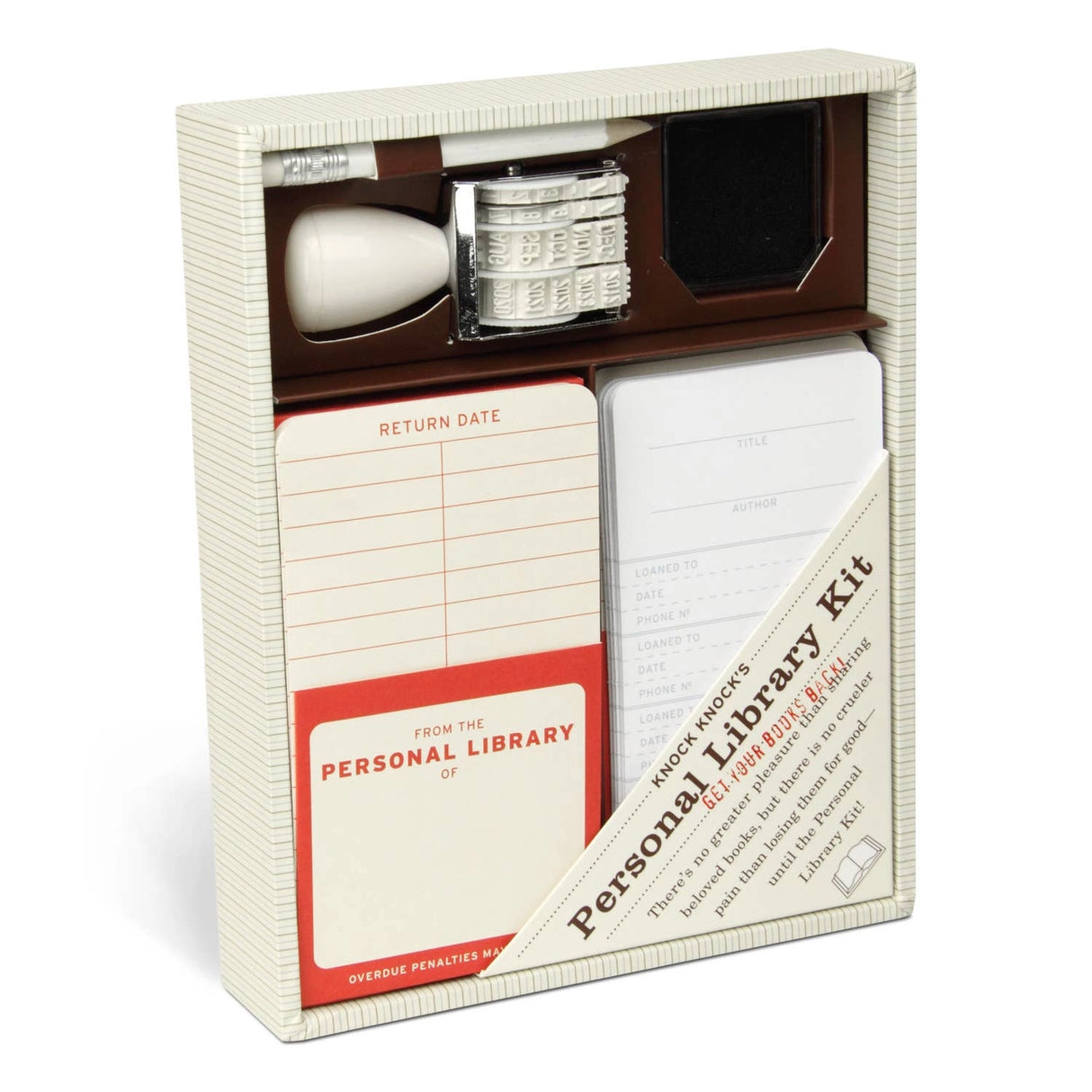 For a bibliophile, there's no greater pleasure than sharing beloved books, but no crueler pain than losing them for good--until the Personal Library Kit! Revive old-fashioned library circulation techniques for fun and book retention with our classic bestseller! The perfect gift for the generous reader.
6 x 7.5 x 1.25 inches
20 self-adhesive pockets and checkout cards
Date stamp and inkpad
Pencil