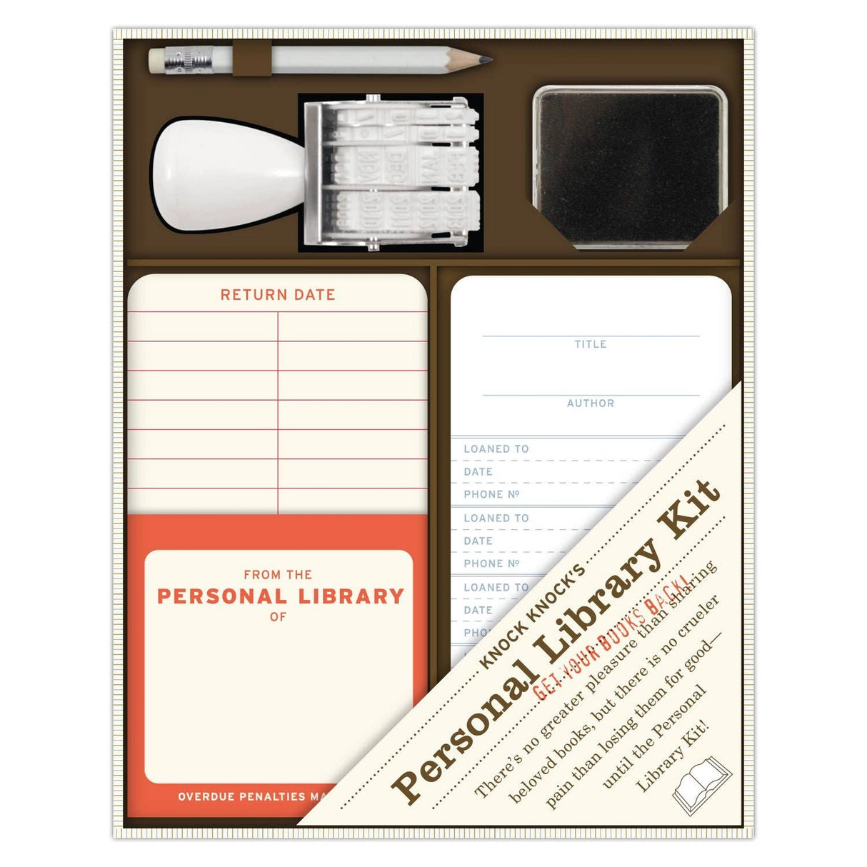 For a bibliophile, there's no greater pleasure than sharing beloved books, but no crueler pain than losing them for good--until the Personal Library Kit! Revive old-fashioned library circulation techniques for fun and book retention with our classic bestseller! The perfect gift for the generous reader.
6 x 7.5 x 1.25 inches
20 self-adhesive pockets and checkout cards
Date stamp and inkpad
Pencil