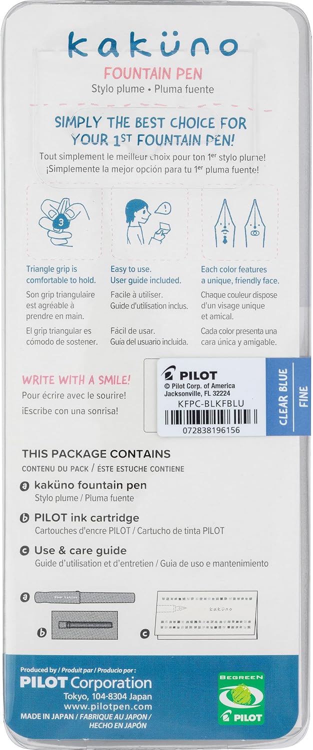 Pilot Kakuno Fountain Pen - Clear Blue
Kakuno is a delightful, new fountain pen that is ideal for both first time fountain pen users and experienced writers. Everyone can enjoy writing with a Kakuno fountain pen. "Kakuno" means "to write" in Japanese, and that's just what this pen helps users to do by featuring an appealing smiley face on the nib, when oriented upward, ensures perfect nib orientation.
The NEW Kakuno Clear body features the Extra Fine, Fine and Medium Nib (with a tongue sticking out)