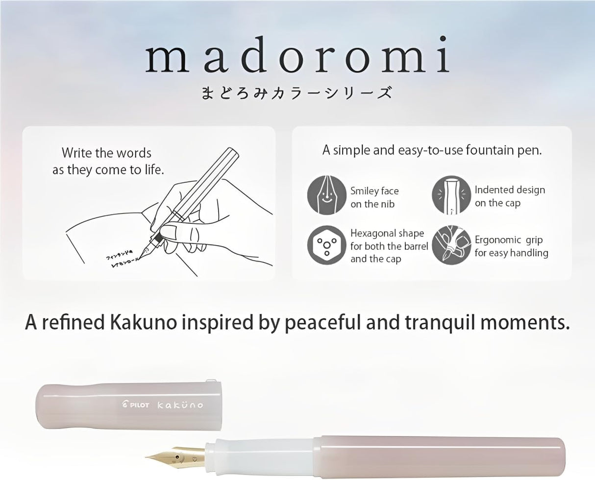 The Kakuno Fountain Pen Madoromi Color Series is a delightful blend of charm, functionality, and thoughtful design, perfect for both beginners and seasoned writers. Inspired by the concept of "Madoromi," meaning "peaceful and tranquil moments or a gentle, comfortable slumber," this series exudes a refined and calming aesthetic. The colorful transparent barrel elegantly reveals the ink inside, complemented by soothing pastel hues that create a serene and inviting writing experience.
Kakuno is a delightful,
