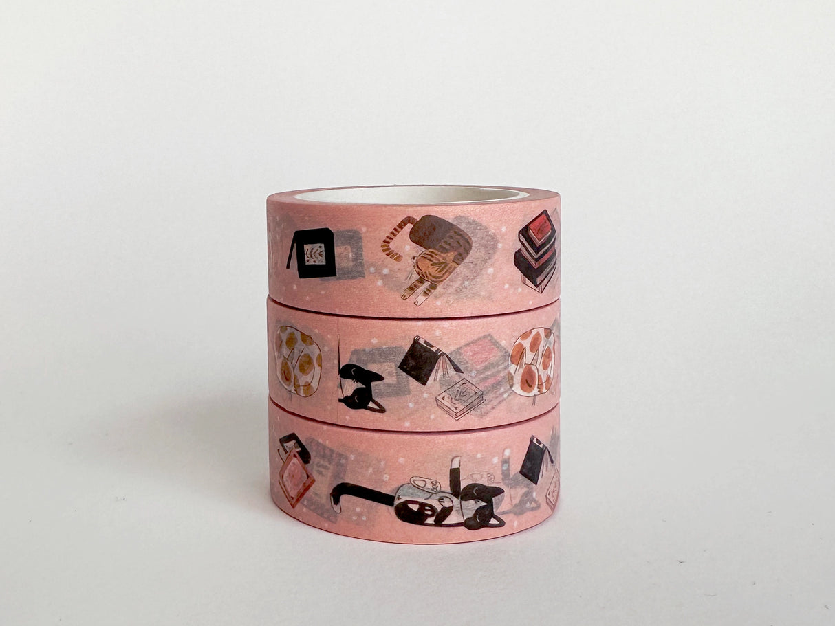 This is the delightful Pink Books And Cats Washi Tape! Measuring 15mm in width, this tape is the purr-fect addition to your crafting collection.
Designed with adorable illustrations which were created for Reading In Public Bookstore, this tape is a must-have for any book and cat lover.