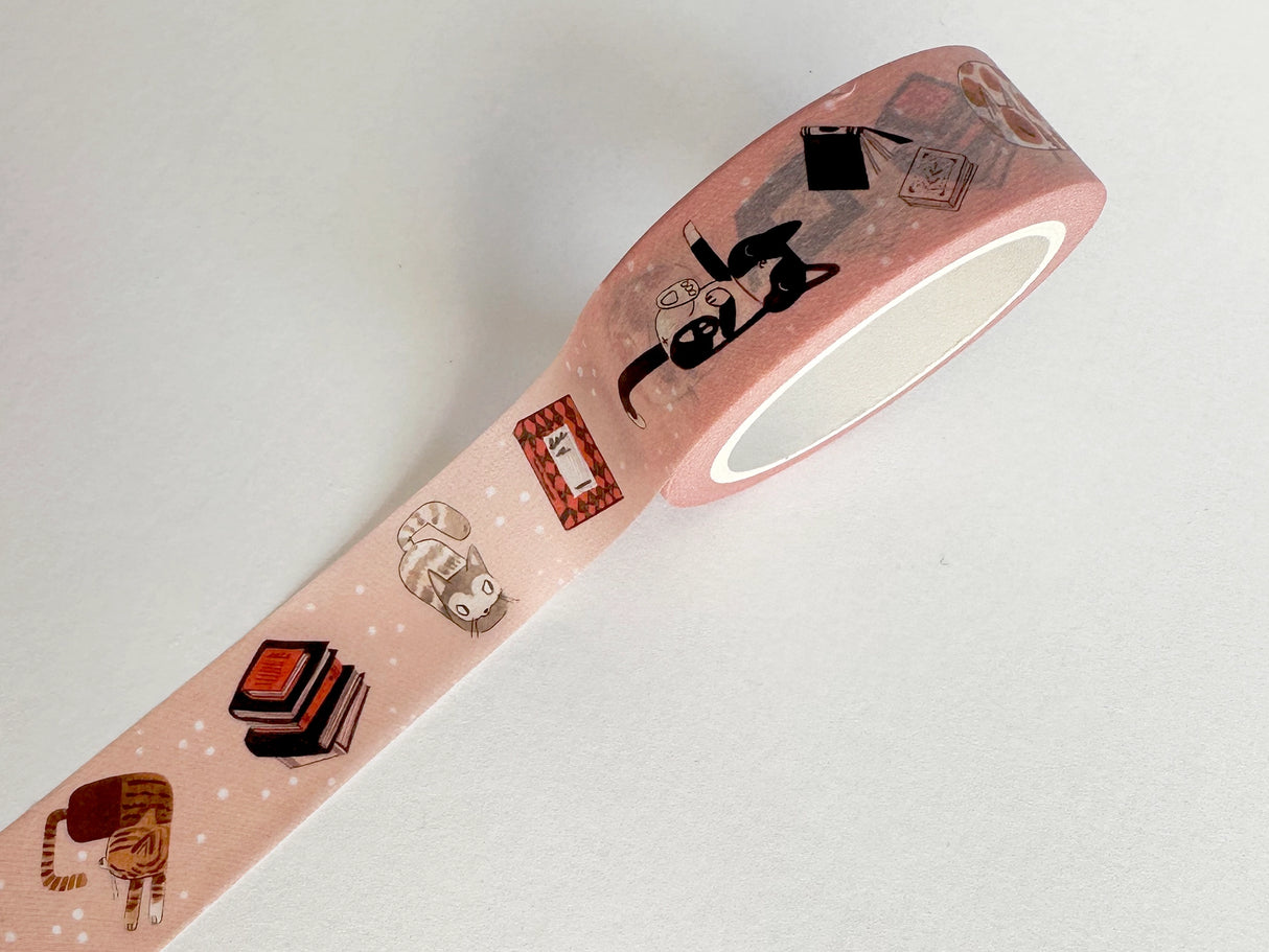 This is the delightful Pink Books And Cats Washi Tape! Measuring 15mm in width, this tape is the purr-fect addition to your crafting collection.
Designed with adorable illustrations which were created for Reading In Public Bookstore, this tape is a must-have for any book and cat lover.