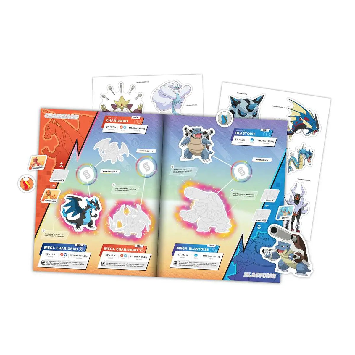 Pokémon: The Official Mega Evolutions Sticker Book includes 48 known Mega-Evolved Pokémon originally discovered in Hoenn and Kalos. Learn how Pokémon surpass their normal limits in battle through Mega Evolution—a representation of the strong bond between Trainer and Pokémon!
Organized by Pokédex number, this sticker book provides the name, pronunciation, type, height, and weight for each Pokémon featured. You’ll also find tip boxes with extra bits of information about each Mega Evolution in the