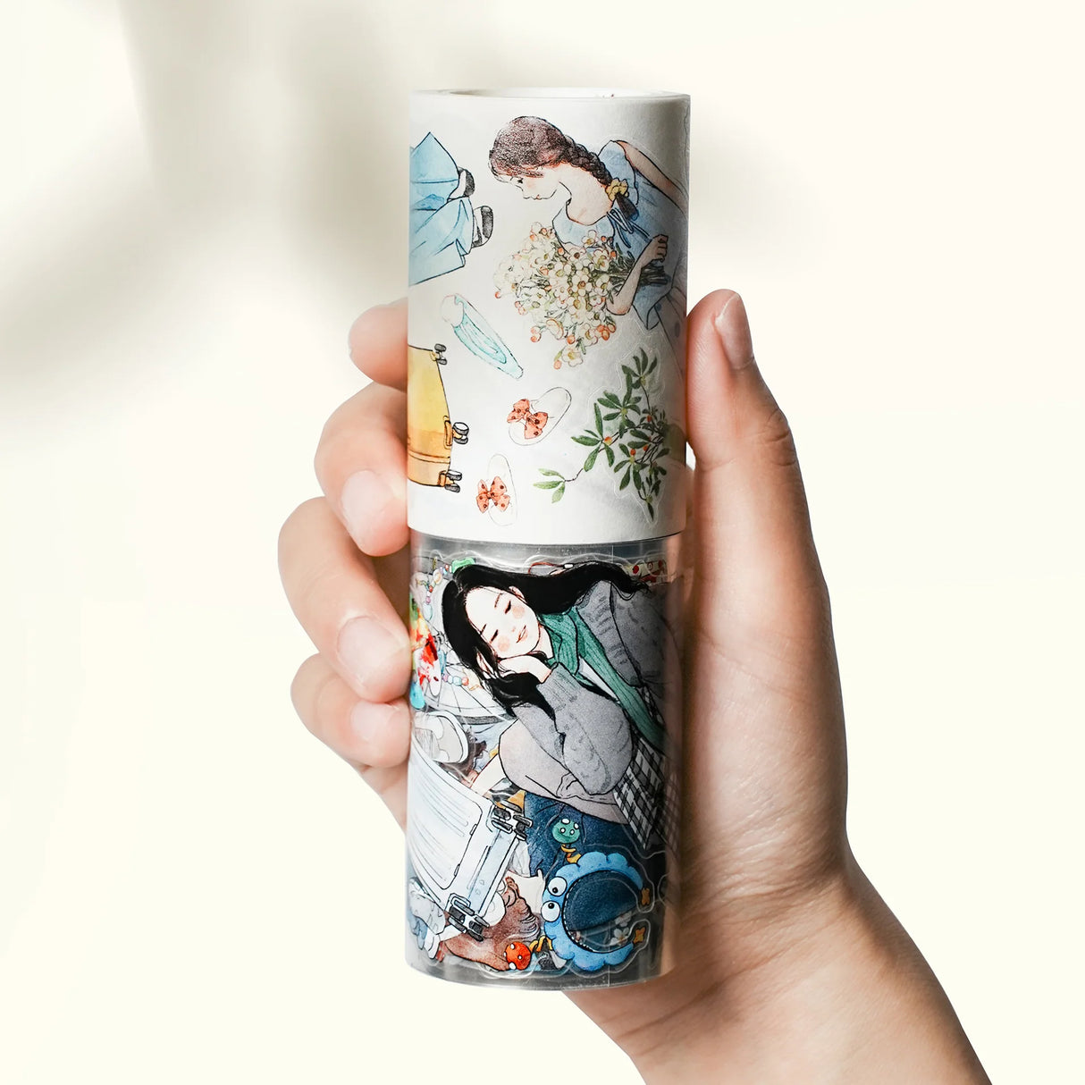 Weekend energy, beautifully illustrated.
The Pre-cut Hello Weekend Wide Washi/PET Tape features a gentle, lifestyle-inspired character embracing all the calm, restorative activities we love — from peaceful reading breaks to scenic bike rides, mindful journaling sessions, slow travel moments, and music-filled afternoons.