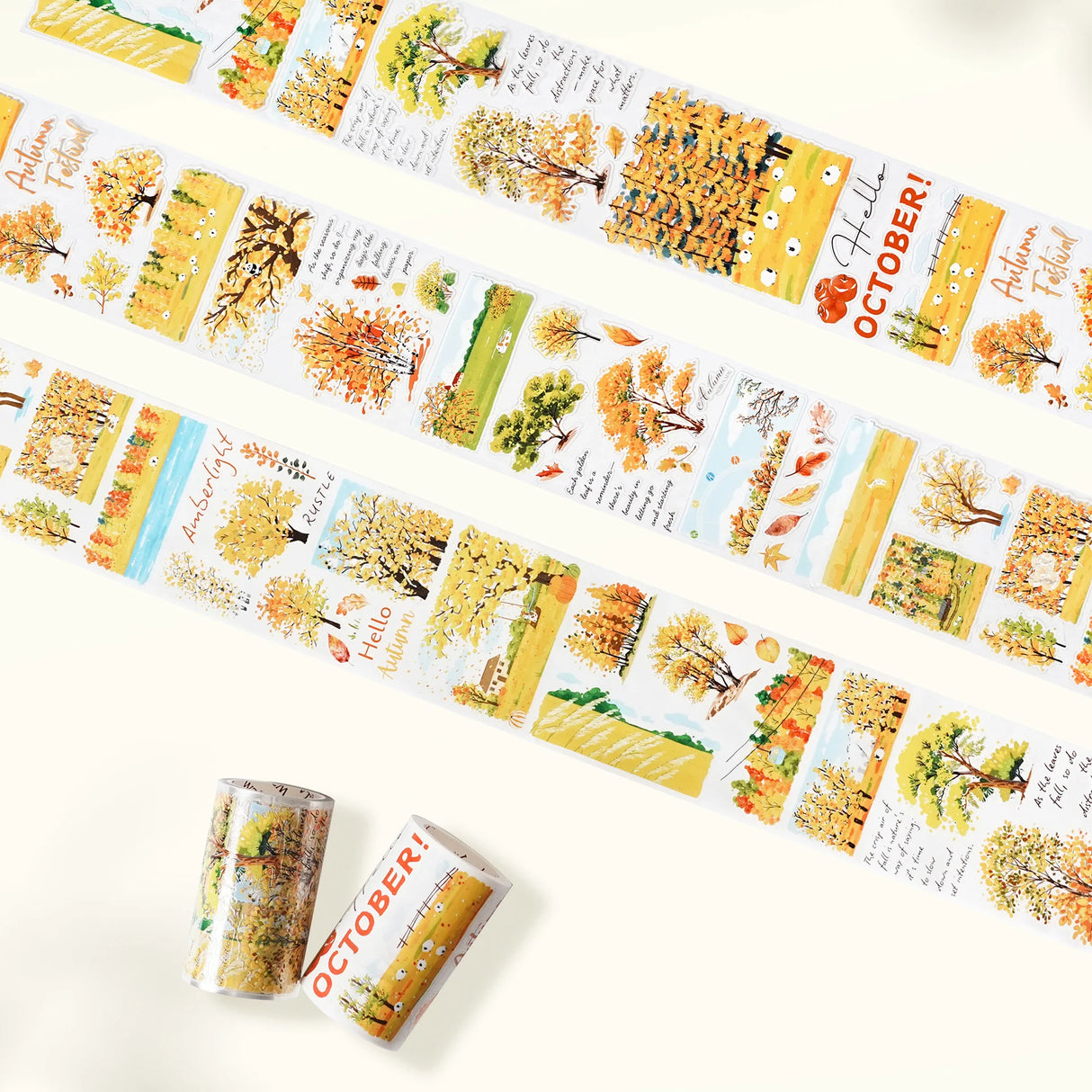 Embrace the golden glow of Fall with our Pre-cut Hello Autumn Wide Washi/PET Tape. Featuring watercolor autumn sceneries, delicate leaves, and poetic seasonal quotes, this design captures the fleeting beauty of the season in every strip. Pre-cut for effortless use—simply peel, place, and let autumn bloom across your pages.