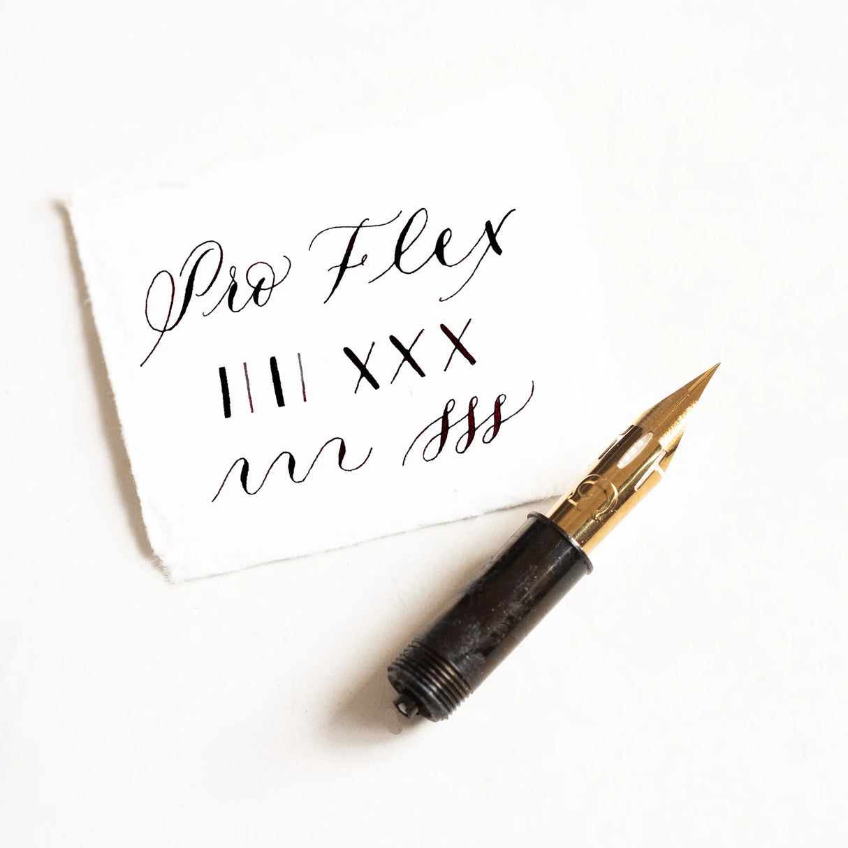 The Pro-Flex nib is a professional-grade titanium Zebra G with a super fine point, offering fantastic results (it flexes from hairline to 2mm) but requires a light touch, which comes from many hours of practice with a more straightforward calligraphy pen. For this reason, we recommend the Pro-Flex for experienced calligraphers only.