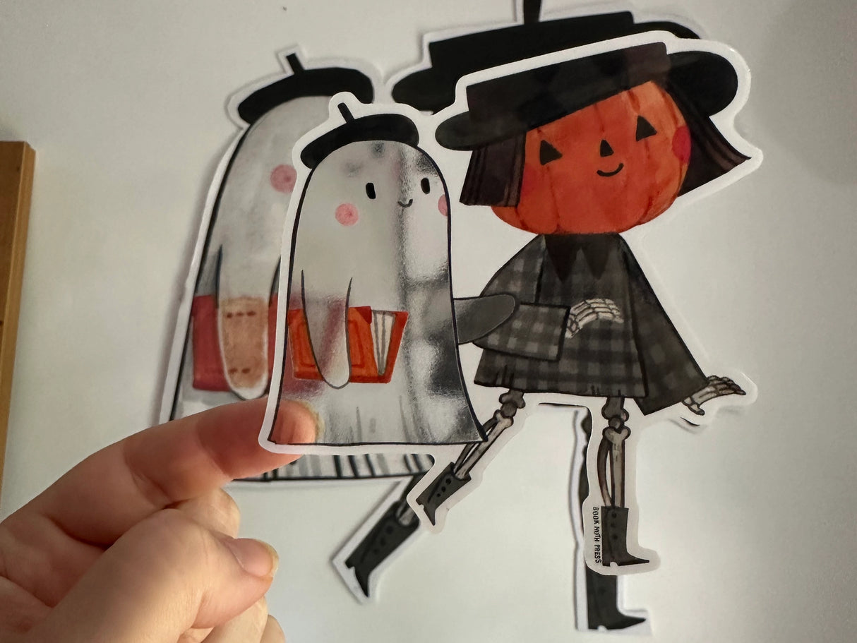 These little cuties want to come along with you and be your new friends and lurk in your closet at night. This sticker is quite large at 4" tall. Spice (the ghost) is clear! Put them on a water bottle or your car window so they look like they're traveling with you!
Vinyl and water resistant, looks great on water-bottles or notebooks or laptops.