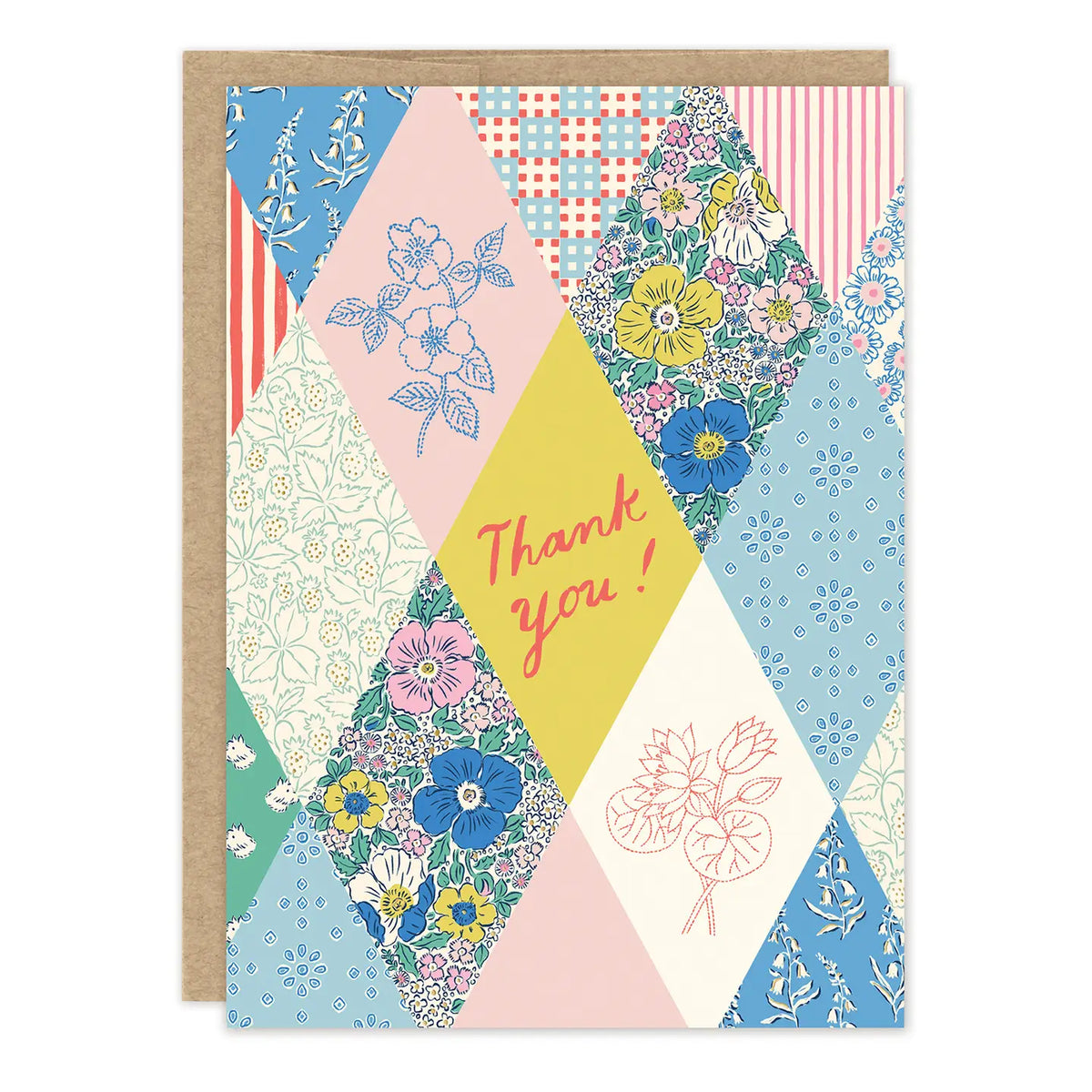 Quilt Thank You Card
Inside verse: So very much!
• Size: A6, 4.6" x 6.4"
• Illustrated by Emily Taylor
• Full-color inside
• Foil treatment
• Paired with a Brown Kraft envelope
• Printed in the USA on high-quality recycled post-consumer waste paper
• Pre-priced
About the Artist: Emily Taylor draws and daydreams from her studio in a tiny town north of Toronto, Canada. Her work is best known for its feel of modern nostalgia, its painterly linework and joyful colors. Emily is inspired most by walks in natur