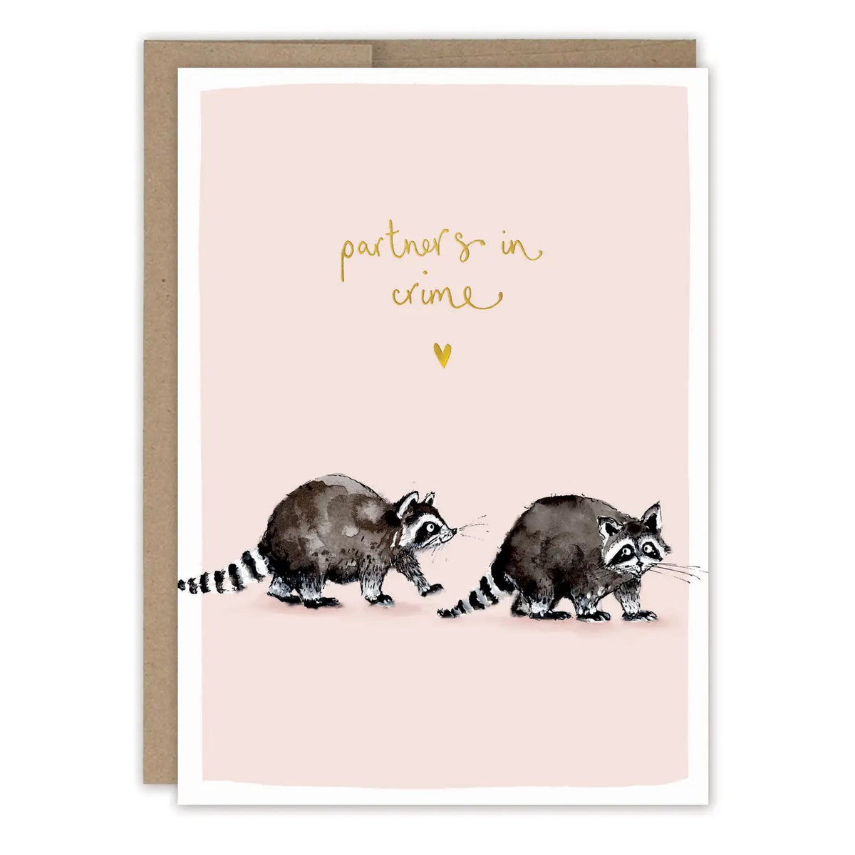 Raccoons Partners in Crime Love Card
Card is blank inside for your own message.
• Size: A6, 4.6" x 6.4"
• Illustrated by Louise Mulgrew
• Treatment: Gold Foil
• Paired with a Brown Kraft envelope
• Printed in the USA on 100% post-consumer recycled paper.
About The Artist: Working with gouache and watercolor, Louise designs in her tiny studio in Brighton, England, inspired by her love of all animals, and passion for the natural world. Louise was named 2023 Artist of the Year by the USA Greeting Card Assoc