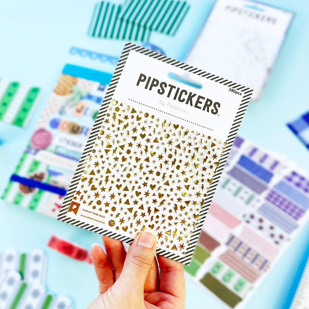 Mini stickers in the most DREAMY rose gold foil adorn this PipSticker sheet. With more than 350 tiny stickers you can add a little (or a lot!) of sparkle magic on everything you touch! Perfect for journaling, crafting, and adding some shimmery touches to all your mail and projects!
Includes one 4" x 4" sheet of Radiant Rose Gold PipStickers with 390 individual stickers.