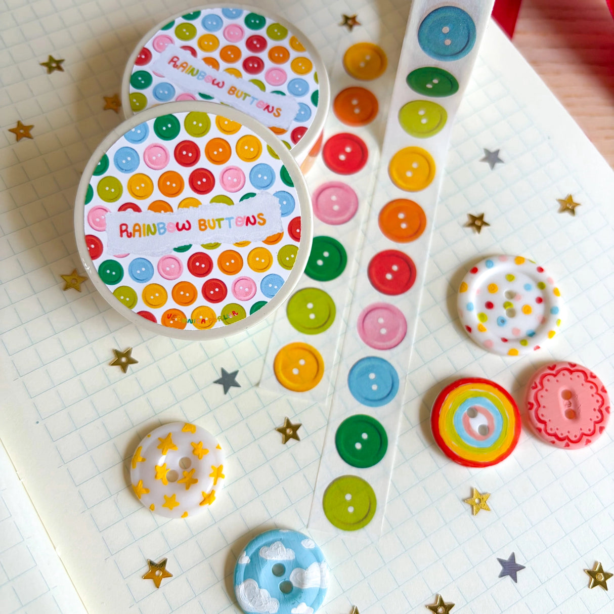Add some color to your journal and crafts with this cute button themed washi tape designed by Veronica!
Perfect for crafts, journaling, snail mail, and more.
Size: 15mm x 10m
