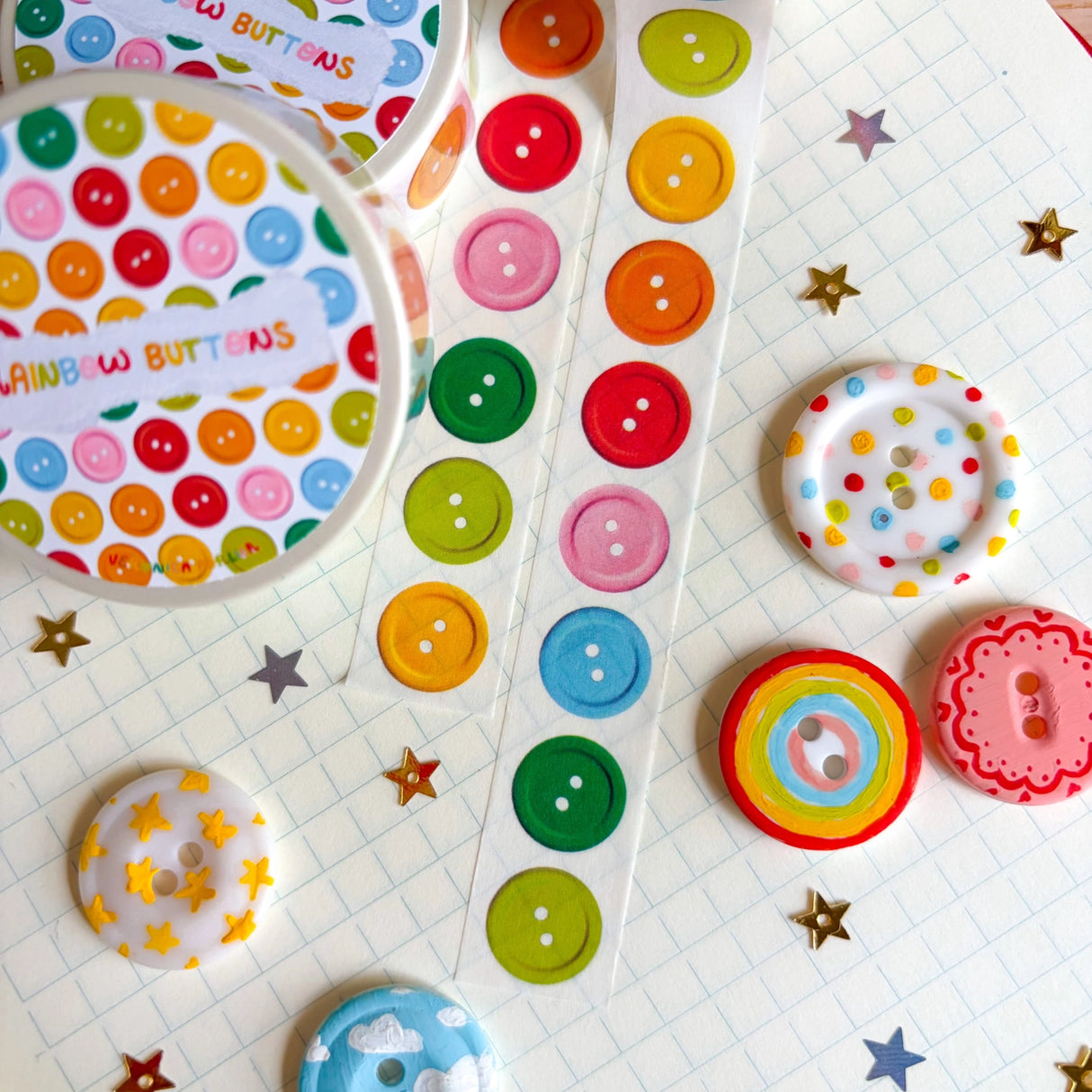 Add some color to your journal and crafts with this cute button themed washi tape designed by Veronica!
Perfect for crafts, journaling, snail mail, and more.
Size: 15mm x 10m