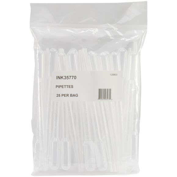 This package contains one set of Ranger Pipettes with 25 clear plastic pipettes each with a 4ml capacity. These no-mess tools are handy for transferring craft products between containers. Crafters can quickly and easily move inks, sprays and stains from original containers to Misters, Mini Misters or Tim Holtz Waterbrushes.
Each pipette has precise measurement marks for accurate filling