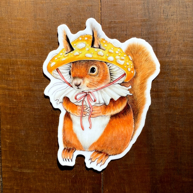 Pegatina de vinilo de ardilla roja con sombrero de hongo
