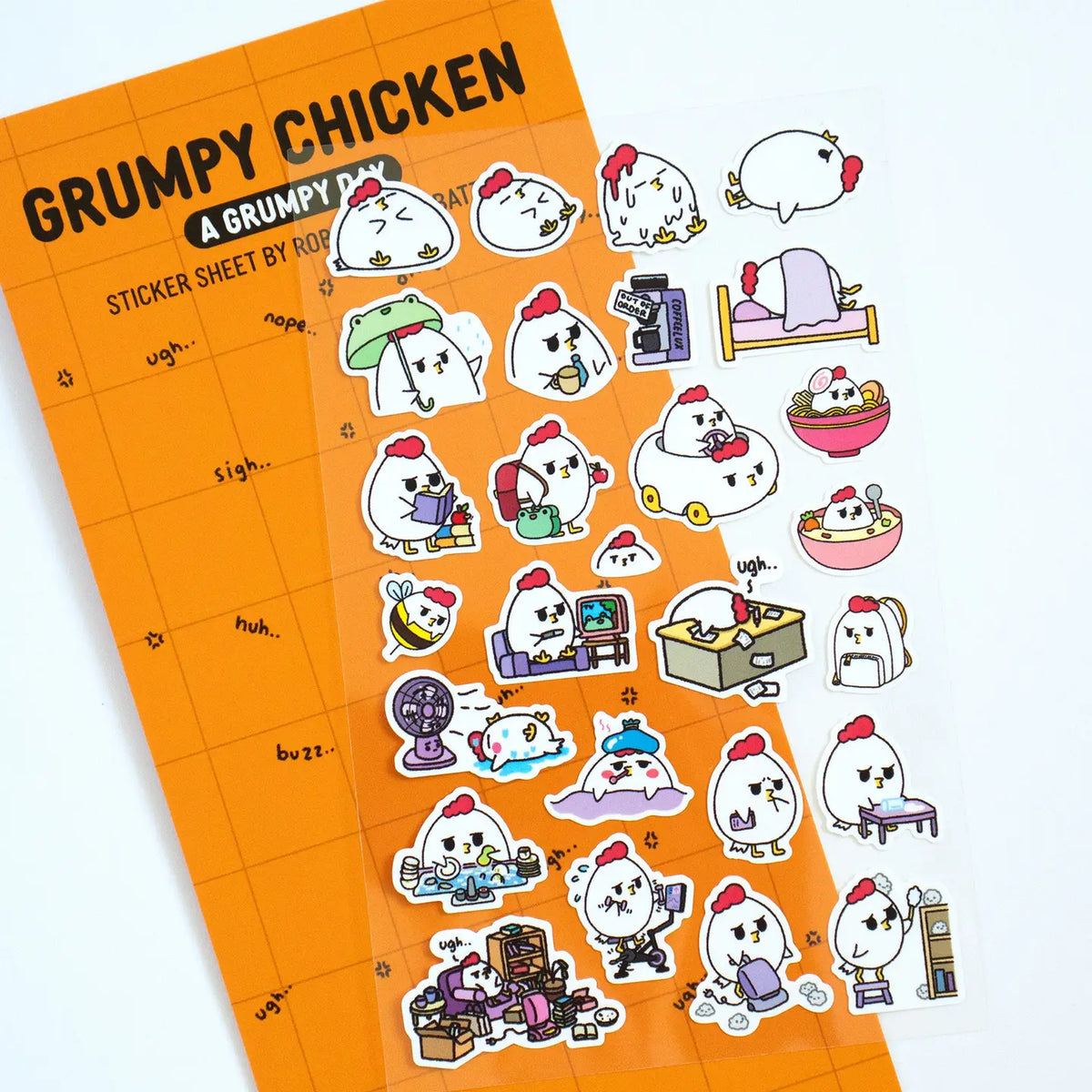 Grumpy Chicken is all sorts of moods, but mostly grumpy.
There are 27 individual stickers on the sheet.
They are vinyl stickers on a clear plastic sheet with a backing card.
The whole packaging is 3.8 x 8.75" and is ready to hang.
The sticker sheet is 3.75 x 5.8"