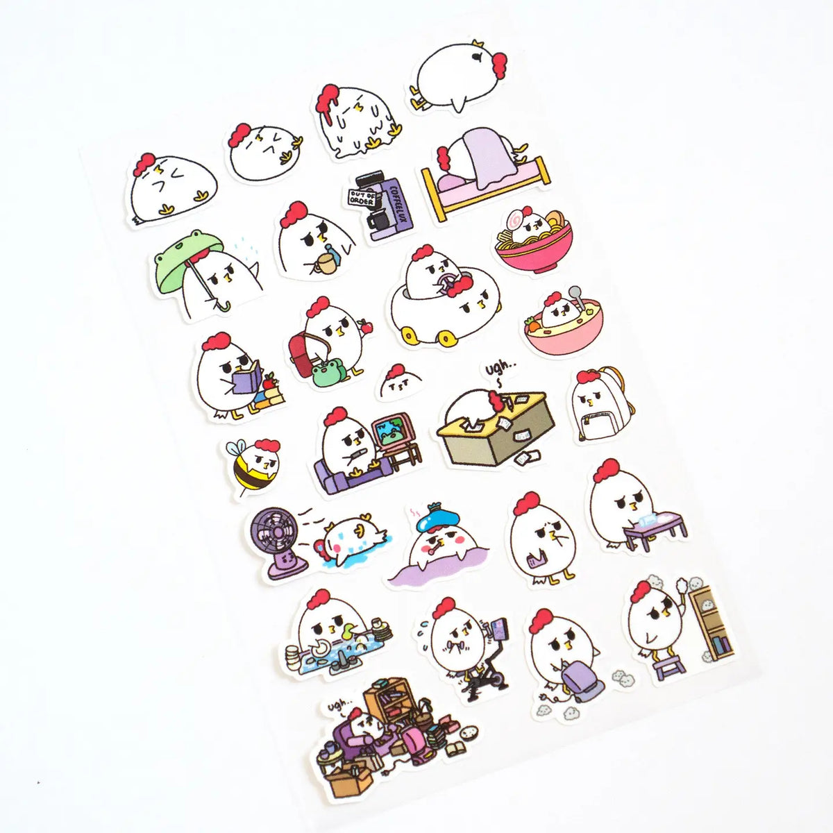 Grumpy Chicken is all sorts of moods, but mostly grumpy.
There are 27 individual stickers on the sheet.
They are vinyl stickers on a clear plastic sheet with a backing card.
The whole packaging is 3.8 x 8.75" and is ready to hang.
The sticker sheet is 3.75 x 5.8"