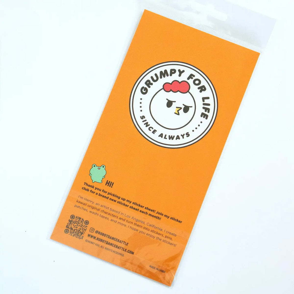 Grumpy Chicken is all about that potato life.
There are 18 individual stickers on the sheet.
They are vinyl stickers on a clear plastic sheet with a backing card.
The whole packaging is 3.8 x 8.75" and is ready to hang.
The sticker sheet is 3.75 x 5.8"