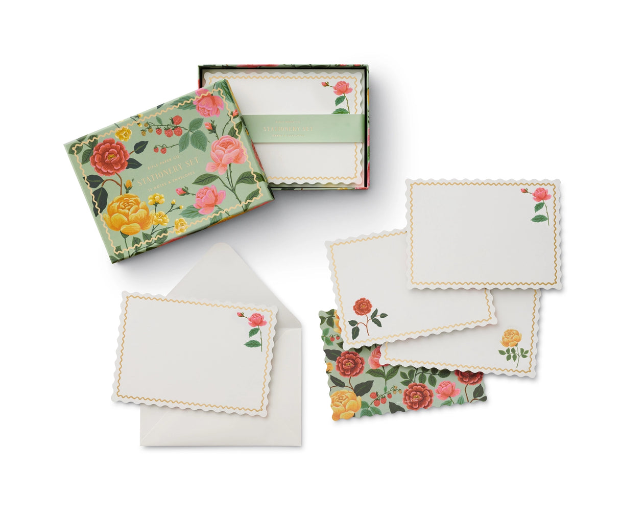 Stationery set with 12 note cards and envelopes. Three different designs for the notes.
Dimensions: 7 x 5 x 1.1 in (17.8 x 12.7 x 2.9 cm)