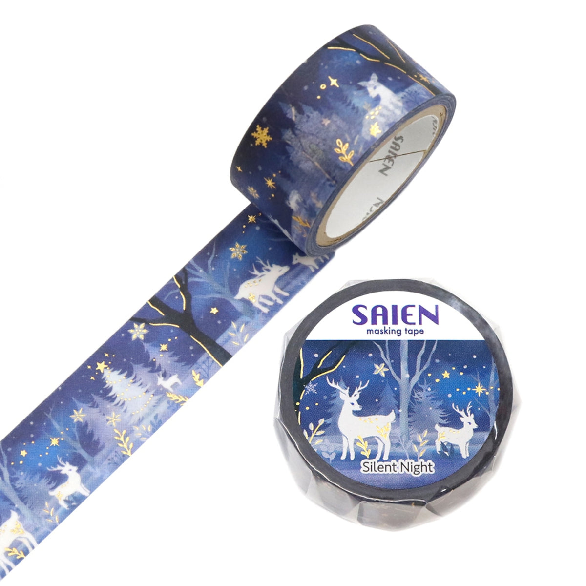SAIEN - Silent Night Washi Tape
A special Christmas themed masking tape is here! The beautiful design evokes a tranquil night, adorned with vibrant gold leaf. This tape adds a special sparkle to your Christmas creations and creates a heartwarming moment!
Size approx. 20mm x5m
Country of manufacture: Japan
Material / component: Paper