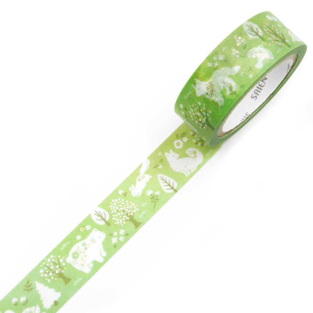 This tape feels like a stroll through a storybook forest, leaves, berries, and woodland greens illustrated with the gentle charm of folk art. Each motif has that hand‑painted, slightly rustic softness that makes the forest feel welcoming and whimsical. Printed on translucent Japanese paper, the colors glow lightly, blending into your pages with an earthy, natural ease.