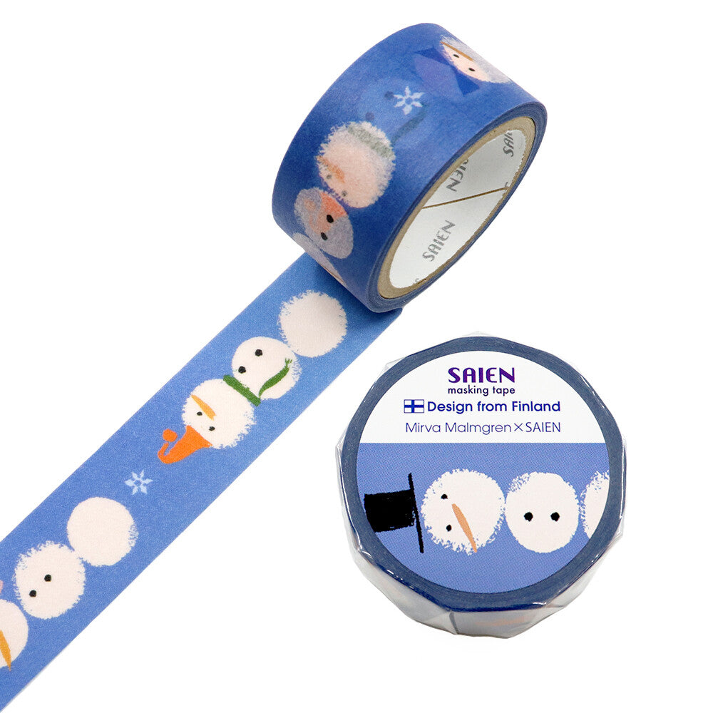 Step into a cozy winter wonderland with this delightful collaboration between SAIEN and Finnish artist Mirva Malmgren. This washi tape features an adorable lineup of snowmen, each with its own sweet personality, bundled in scarves, smiling softly, and bringing a gentle festive charm to every project.