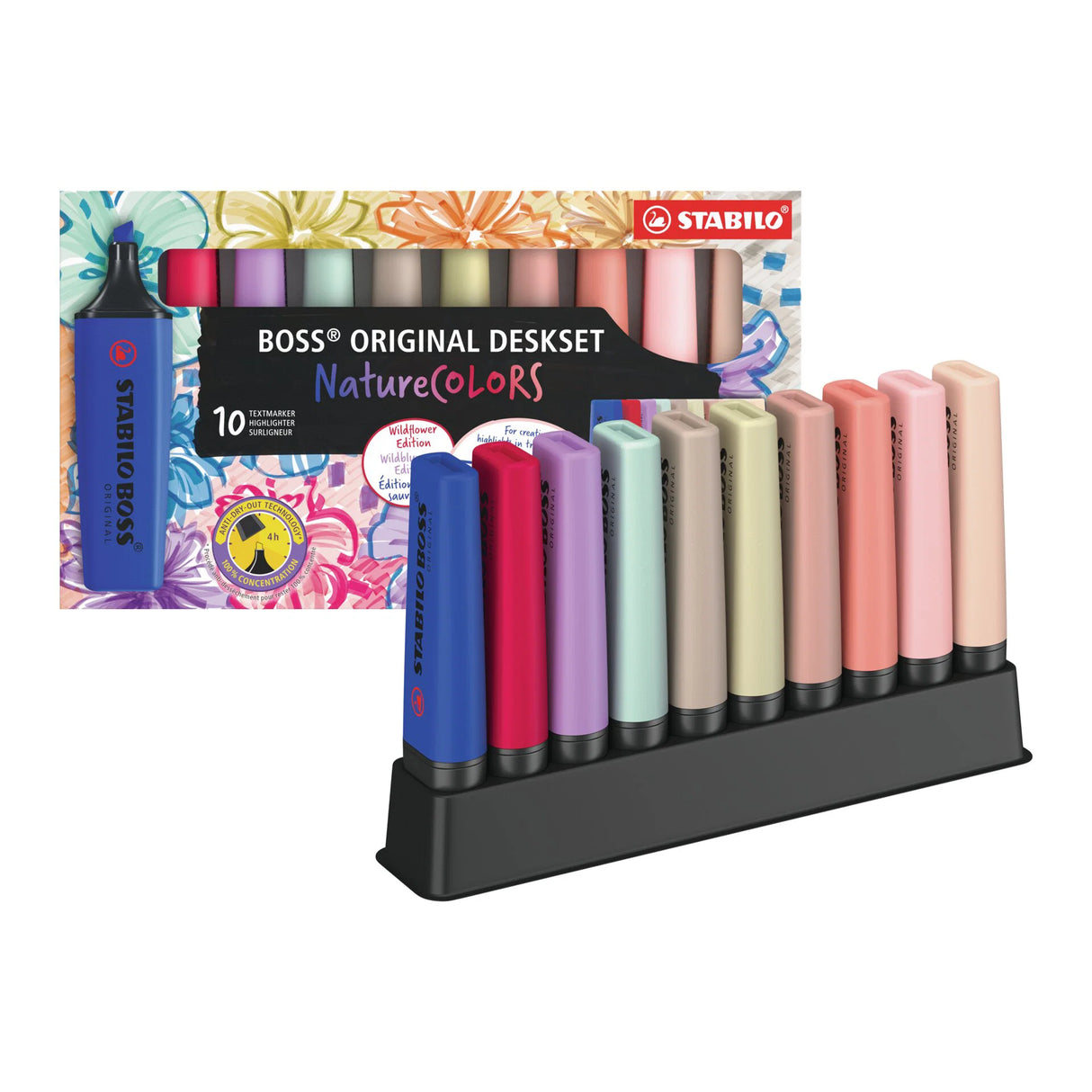 A design classic since 1971 and Europe's number-one highlighter, the STABILO BOSS ORIGINAL NatureCOLORS Wildflower edition brings a fresh, nature-inspired palette to one of stationery's most trusted tools. The collection takes its color cues from the worlds of interior and fashion design, translating them into ten sophisticated NatureCOLORS shades: ultramarine, blush, burgundy, grey violet, warm grey, sienna, mud green, earth green, umber, and beige, that feel at home on any desk.
The iconic chisel tip del
