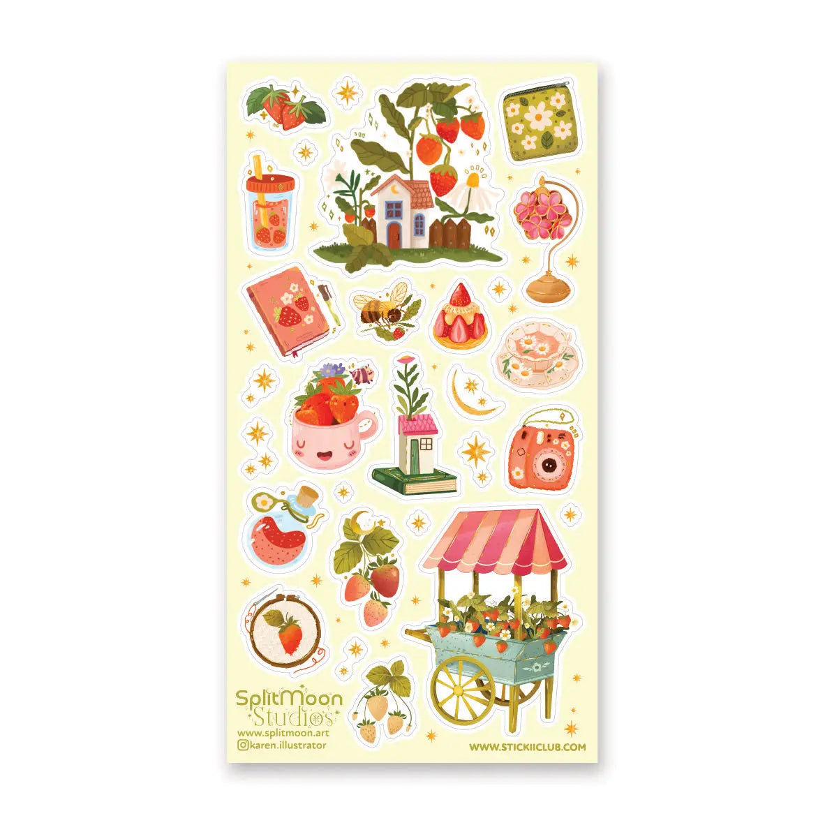 STICKII - Berry Patch Cottage Sticker Sheet
š”š¼ Wander into @karen.illustratorās strawberry-filled set, where tiny houses sit beneath berry-laden branches and sweet treats sparkle under starry skies. Bees buzz between blossoms, teacups overflow with fruit, and little trinkets feel plucked from a magical countryside market. Juicy and whimsical, this charming sheet is bursting with strawberry magic. Art by: @karen.illustrator
Top Coating: Gold Foil
Adhesive Layer: Paper
Backing Layer: Paper
6.69" x 3.54".